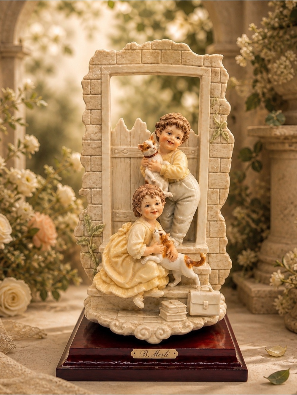 B. Merli Florence Children with Cats Figurine Porcelain Capodimonte Style
